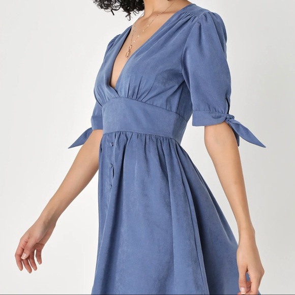NWT Lulus Absolutely Sweet Blue Button-Up Short Sleeve Mini Dress - Picture 2 of 6